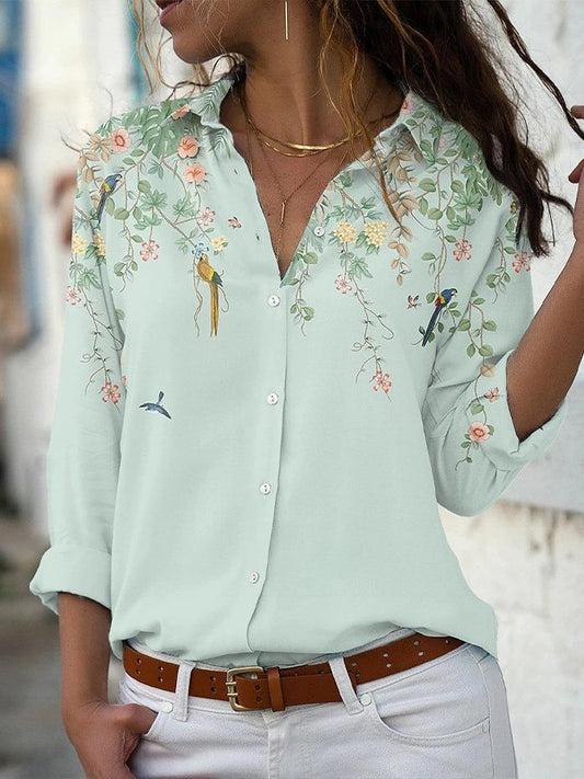 Chemise imprimée à manches longues et revers amples pour femme