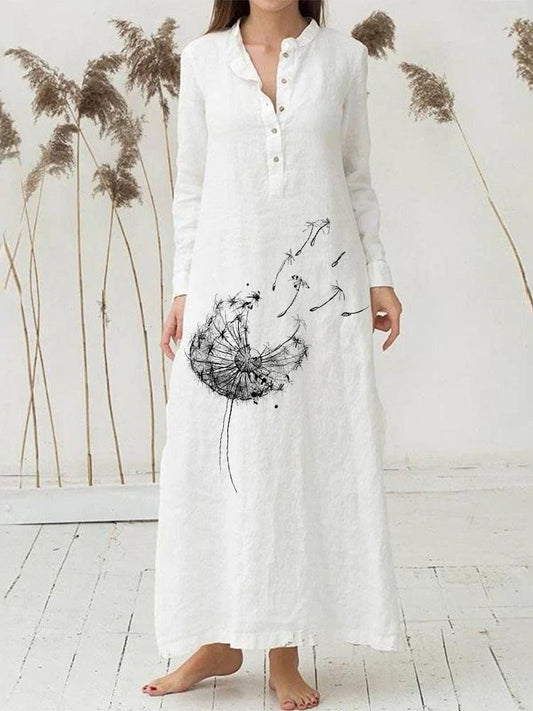 Robe blanche à imprimé floral et manches longues pour femme, col en V 