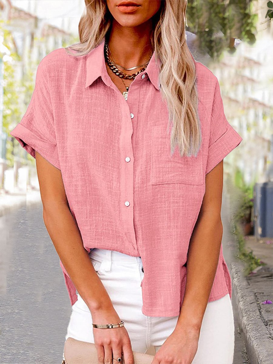 Chemise en coton et lin à manches courtes et poches de couleur unie pour femme 