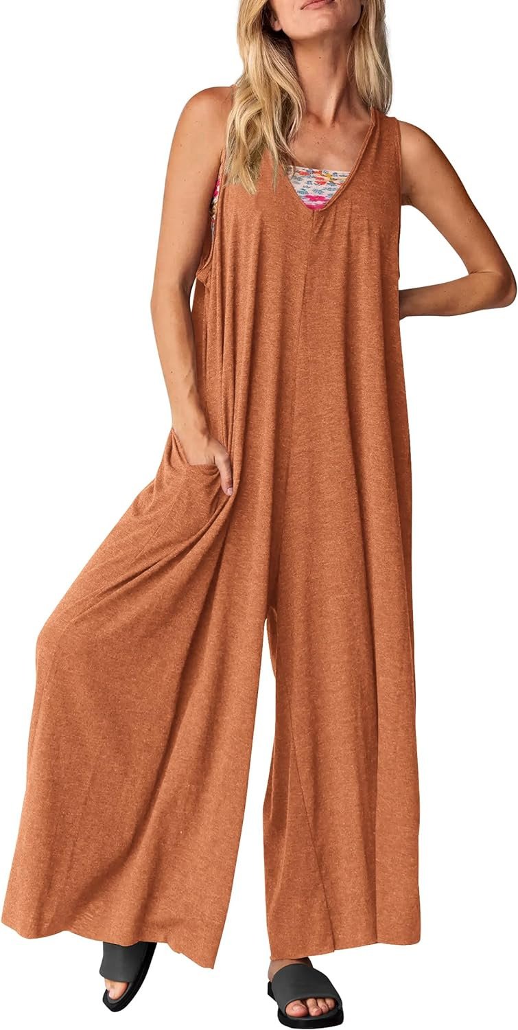 Damen Casual Sommer Overall Jumpsuits Ärmellos Tank V-Ausschnitt Weites Bein Lose Einteiliger Strampler