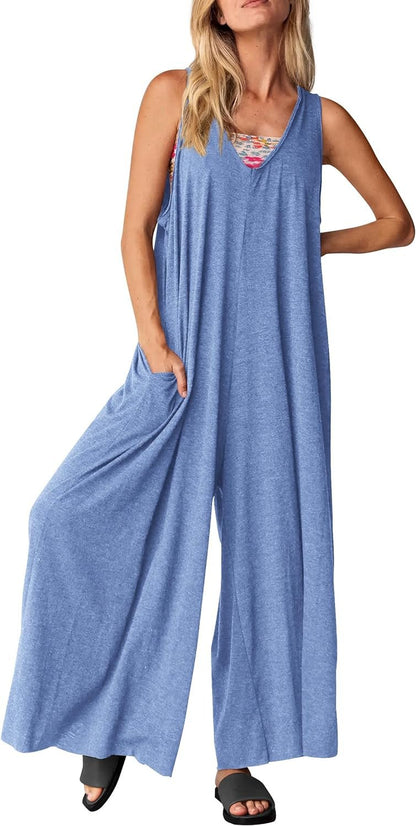 Damen Casual Sommer Overall Jumpsuits Ärmellos Tank V-Ausschnitt Weites Bein Lose Einteiliger Strampler