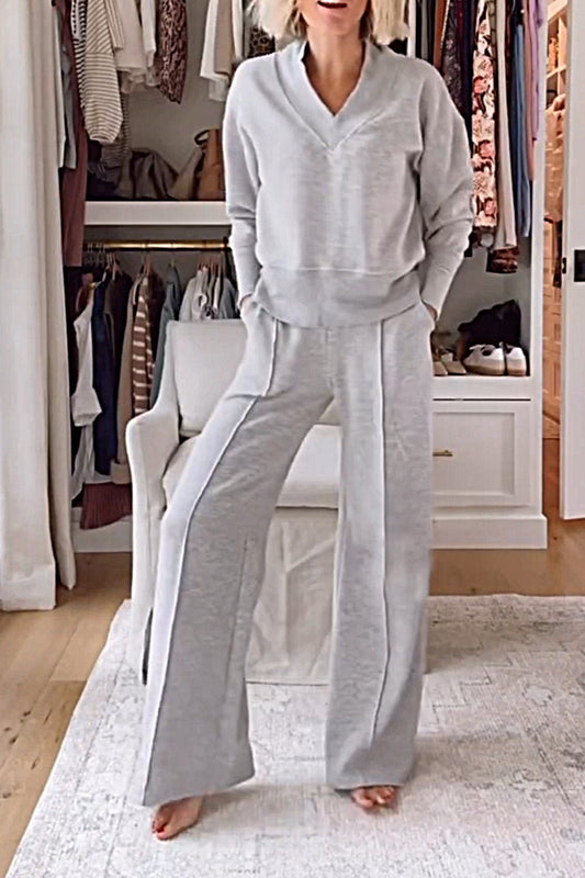 Ensemble deux pièces haut et pantalon à col en V pour femme (2 pièces achetées, livraison gratuite)