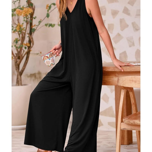 Damen Casual Sommer Overall Jumpsuits Ärmellos Tank V-Ausschnitt Weites Bein Lose Einteiliger Strampler
