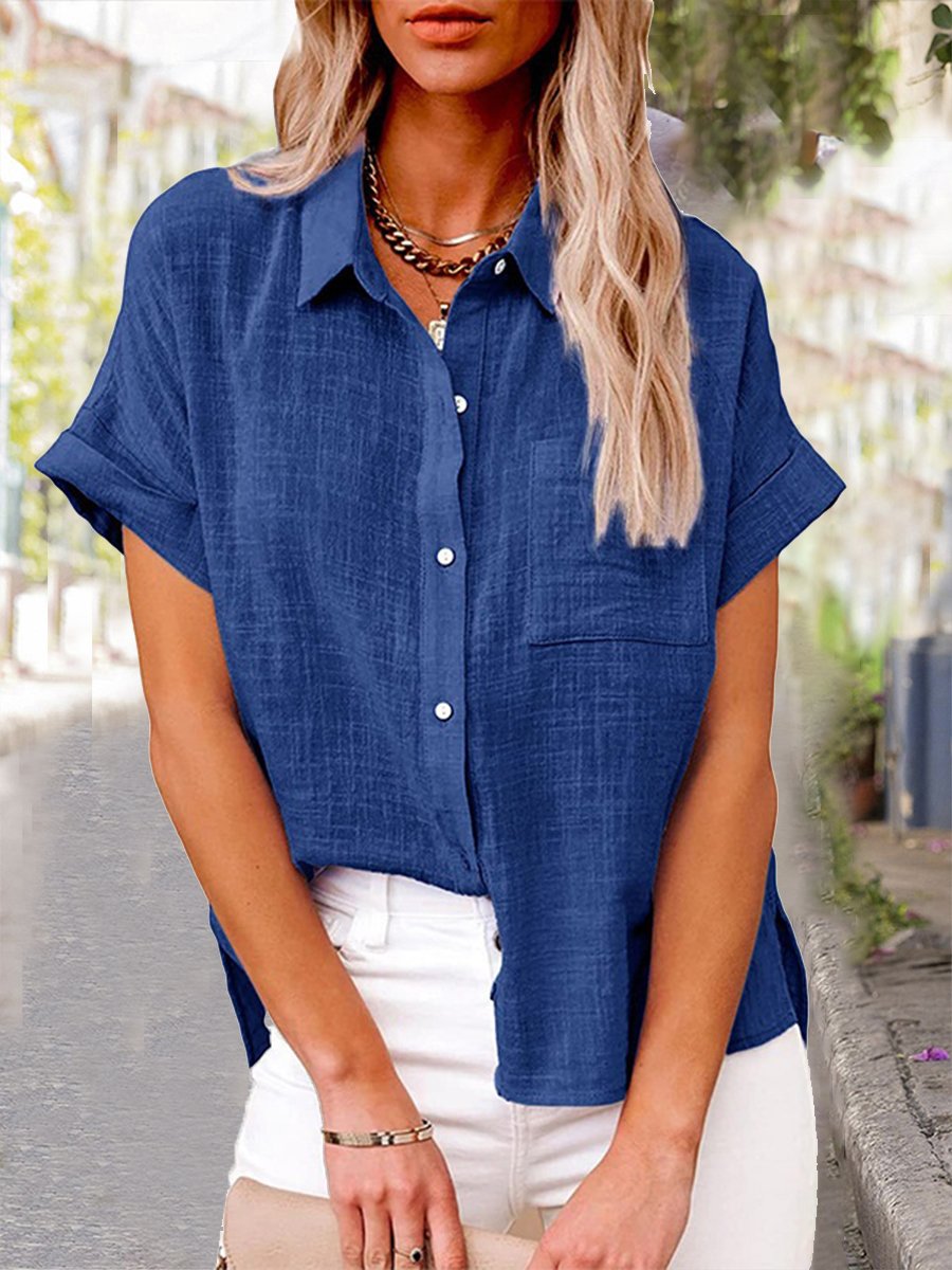 Chemise en coton et lin à manches courtes et poches de couleur unie pour femme 