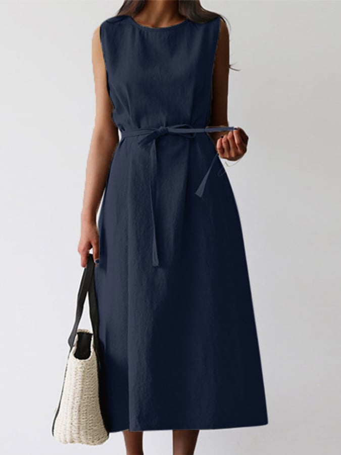 Lässiges, einfarbiges, ärmelloses Damenkleid mit O-Ausschnitt 