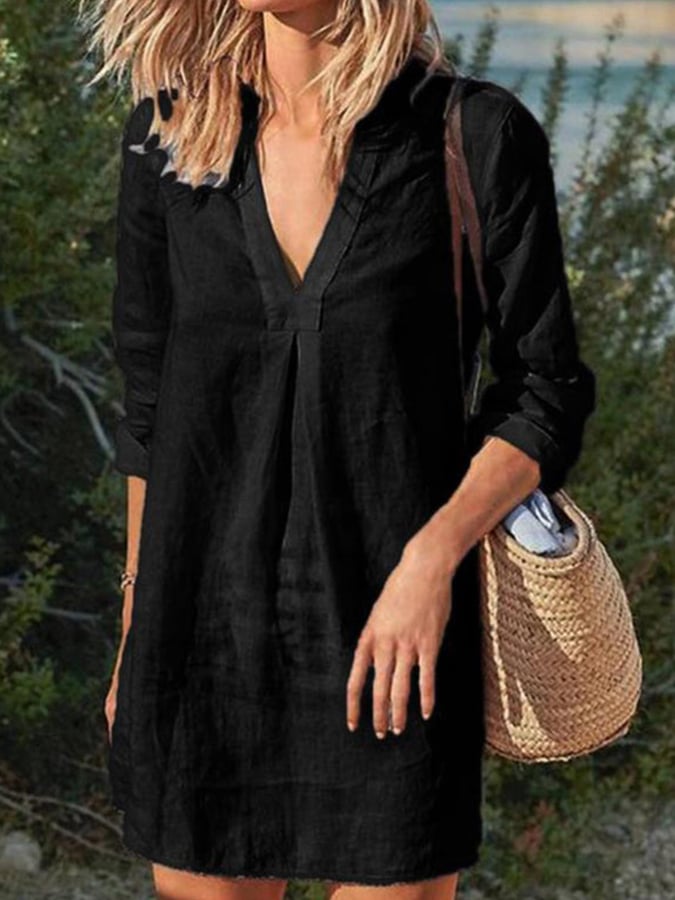 Robe décontractée en coton et lin à col en V 