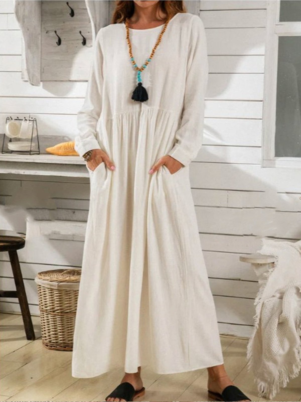 Robe élégante en coton de couleur pure pour femme 