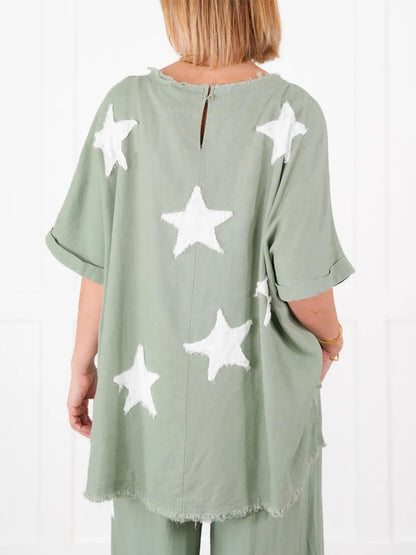 Lässiges zweiteiliges Set mit Stern-Patch für Damen (2 Stück kaufen, kostenloser Versand)