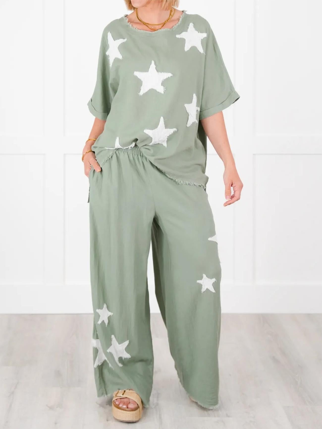 Lässiges zweiteiliges Set mit Stern-Patch für Damen (2 Stück kaufen, kostenloser Versand)