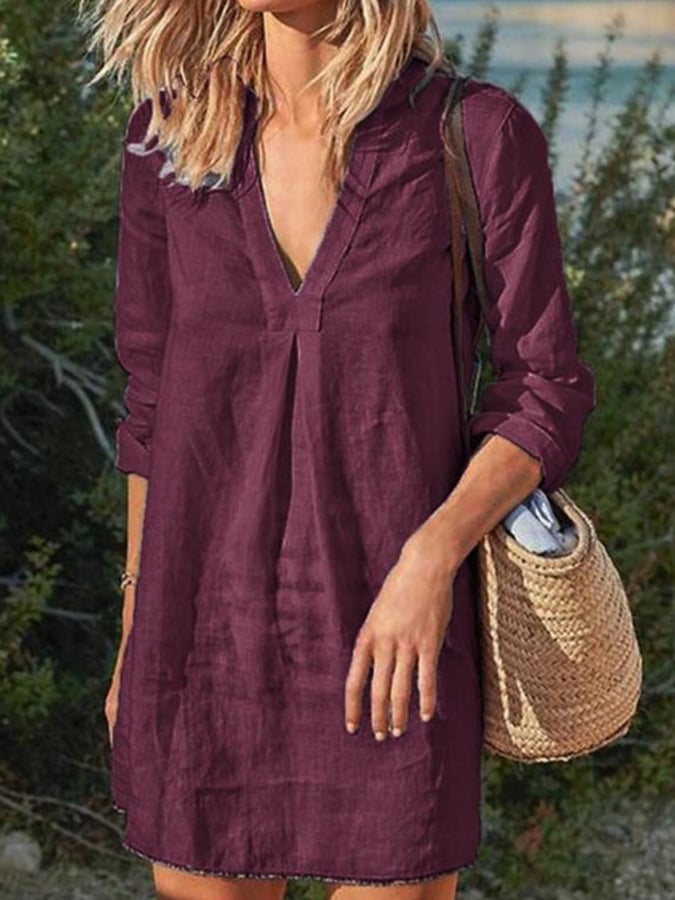 Robe décontractée en coton et lin à col en V 