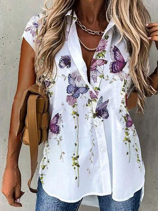 Chemise à revers à manches courtes et imprimé floral papillon