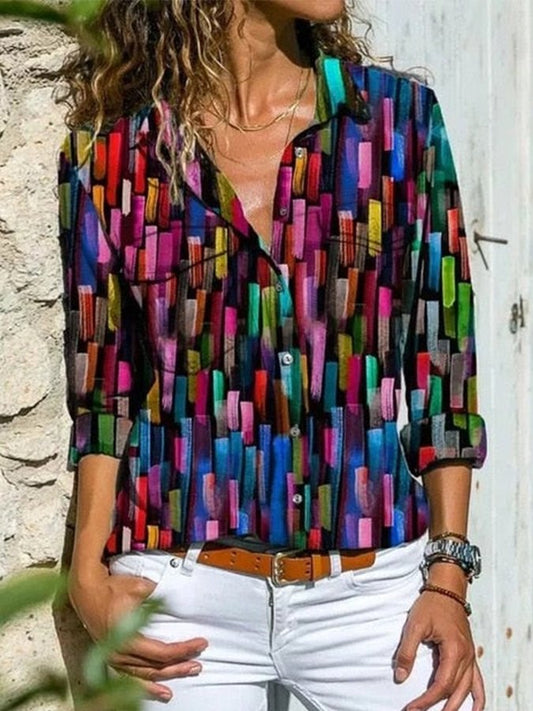 Chemise vintage à rayures verticales colorées pour femme