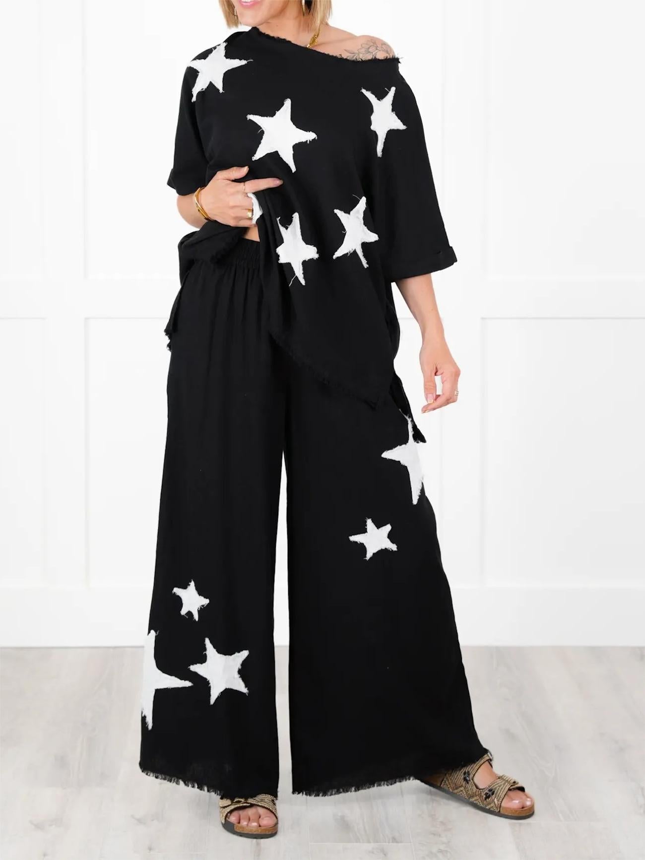 Lässiges zweiteiliges Set mit Stern-Patch für Damen (2 Stück kaufen, kostenloser Versand)
