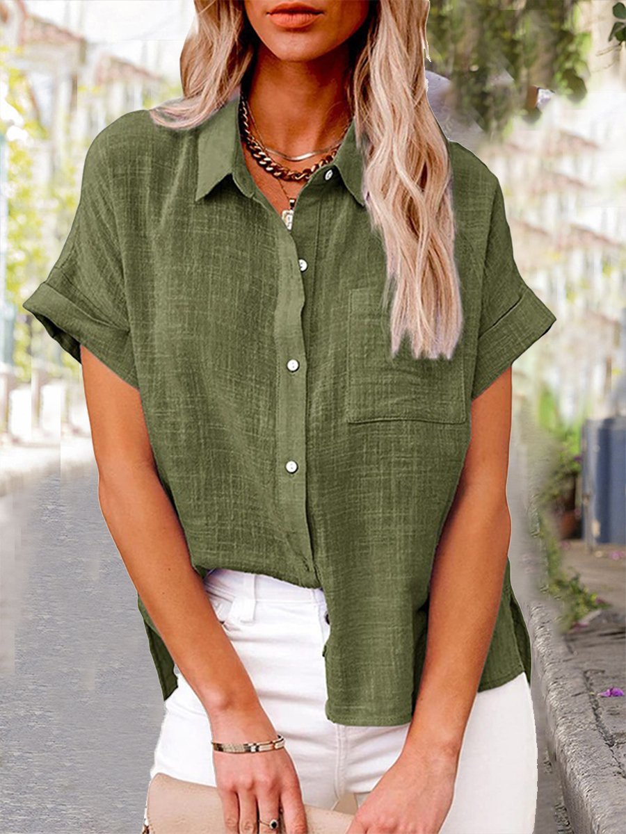 Chemise en coton et lin à manches courtes et poches de couleur unie pour femme 