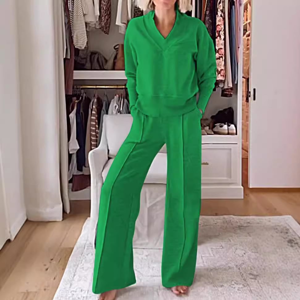 Ensemble deux pièces haut et pantalon à col en V pour femme (2 pièces achetées, livraison gratuite)