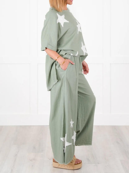 Lässiges zweiteiliges Set mit Stern-Patch für Damen (2 Stück kaufen, kostenloser Versand)