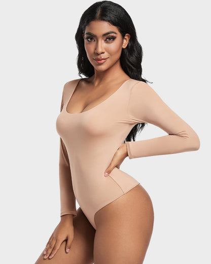 SheCurve®Seamless Sculpt Long Sleeve Scoop Neck Thong Bodysuit