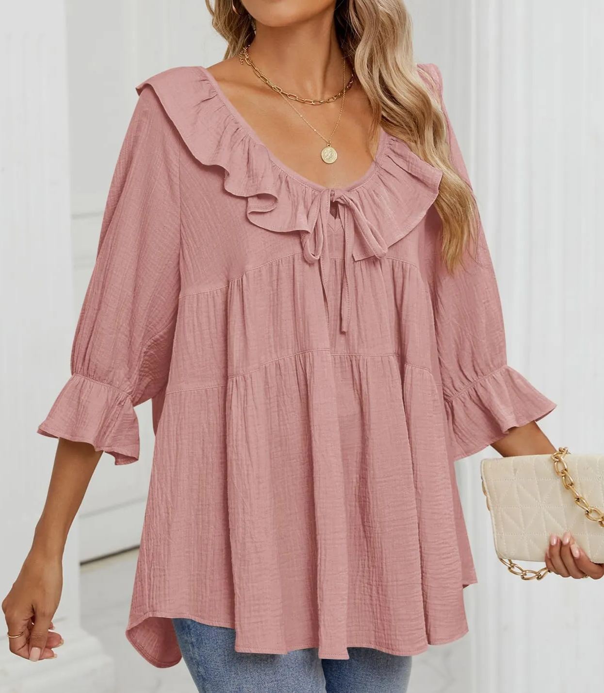 Babydoll-Bluse mit 3/4-Ärmeln und Rüschen zum Binden vorne für Damen (2 Stück kaufen, kostenloser Versand)