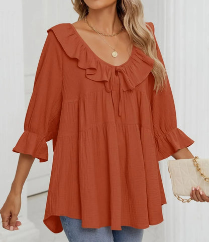 Babydoll-Bluse mit 3/4-Ärmeln und Rüschen zum Binden vorne für Damen (2 Stück kaufen, kostenloser Versand)