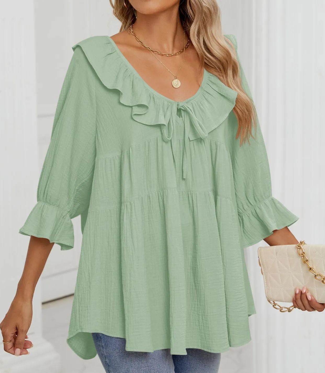 Babydoll-Bluse mit 3/4-Ärmeln und Rüschen zum Binden vorne für Damen (2 Stück kaufen, kostenloser Versand)