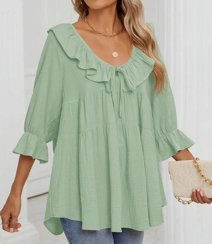 Babydoll-Bluse mit 3/4-Ärmeln und Rüschen zum Binden vorne für Damen (2 Stück kaufen, kostenloser Versand)