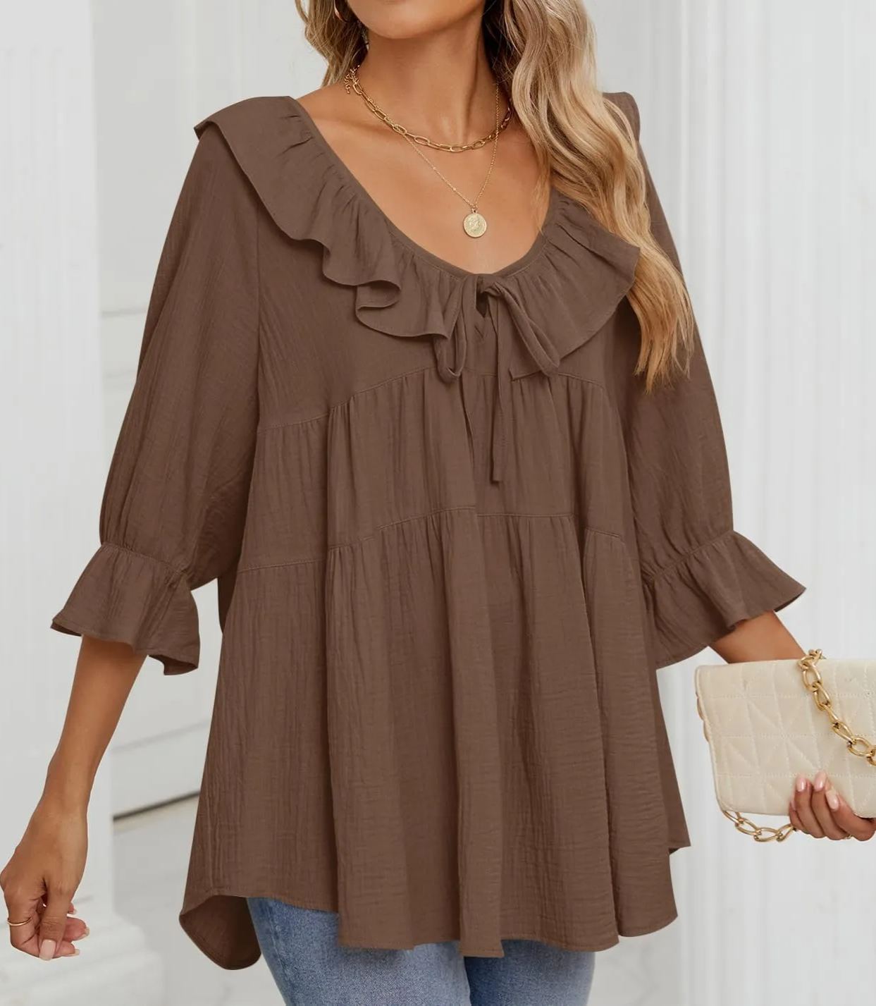 Babydoll-Bluse mit 3/4-Ärmeln und Rüschen zum Binden vorne für Damen (2 Stück kaufen, kostenloser Versand)