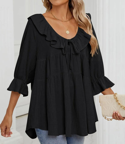 Babydoll-Bluse mit 3/4-Ärmeln und Rüschen zum Binden vorne für Damen (2 Stück kaufen, kostenloser Versand)