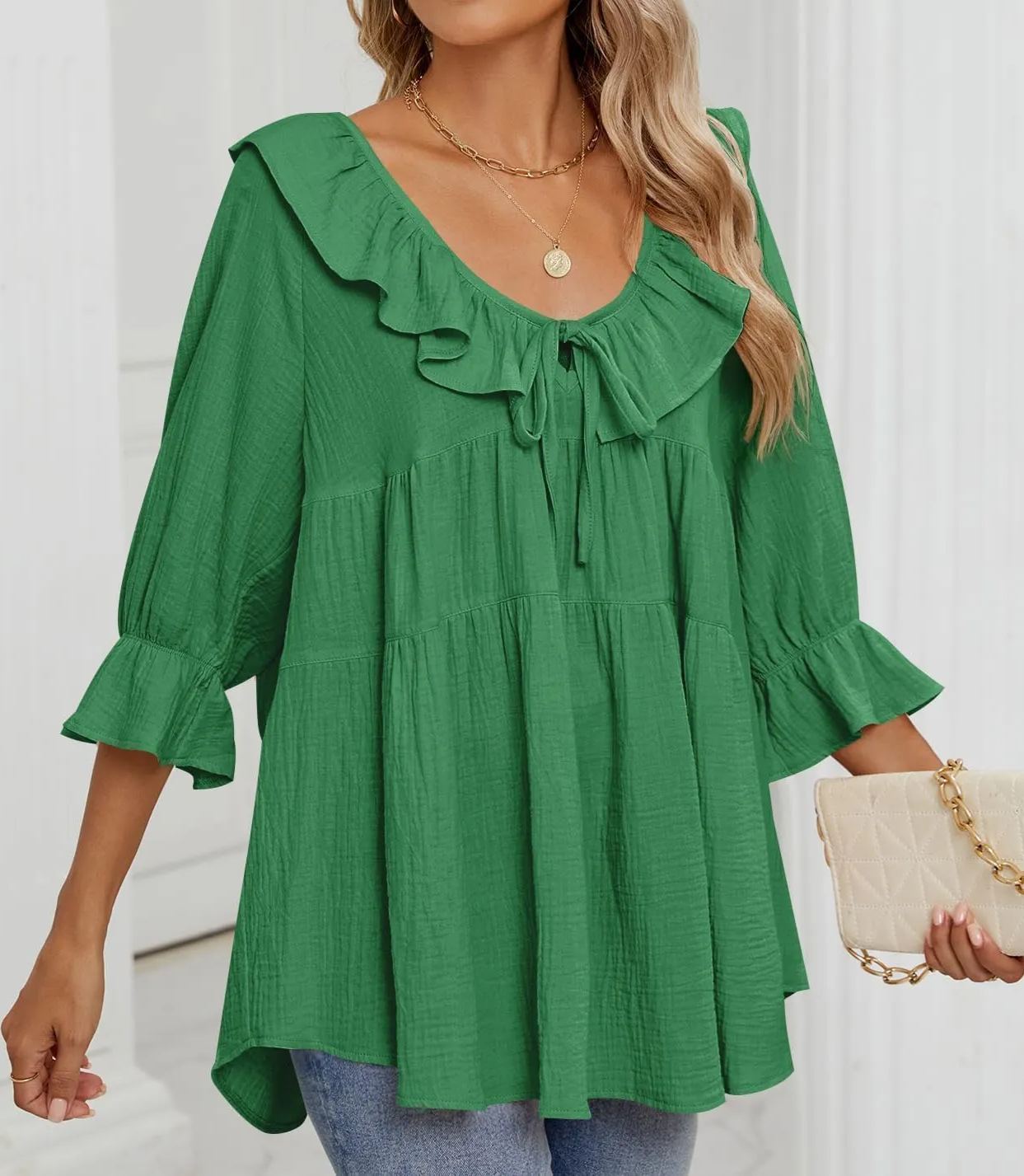 Babydoll-Bluse mit 3/4-Ärmeln und Rüschen zum Binden vorne für Damen (2 Stück kaufen, kostenloser Versand)
