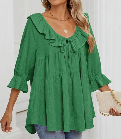 Babydoll-Bluse mit 3/4-Ärmeln und Rüschen zum Binden vorne für Damen (2 Stück kaufen, kostenloser Versand)
