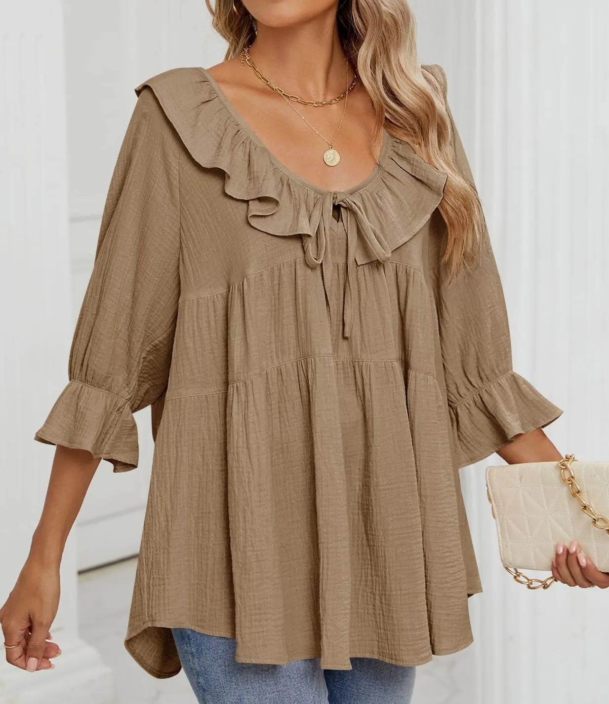 Babydoll-Bluse mit 3/4-Ärmeln und Rüschen zum Binden vorne für Damen (2 Stück kaufen, kostenloser Versand)