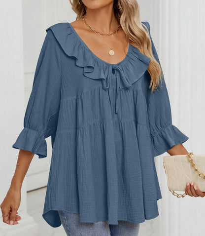 Babydoll-Bluse mit 3/4-Ärmeln und Rüschen zum Binden vorne für Damen (2 Stück kaufen, kostenloser Versand)
