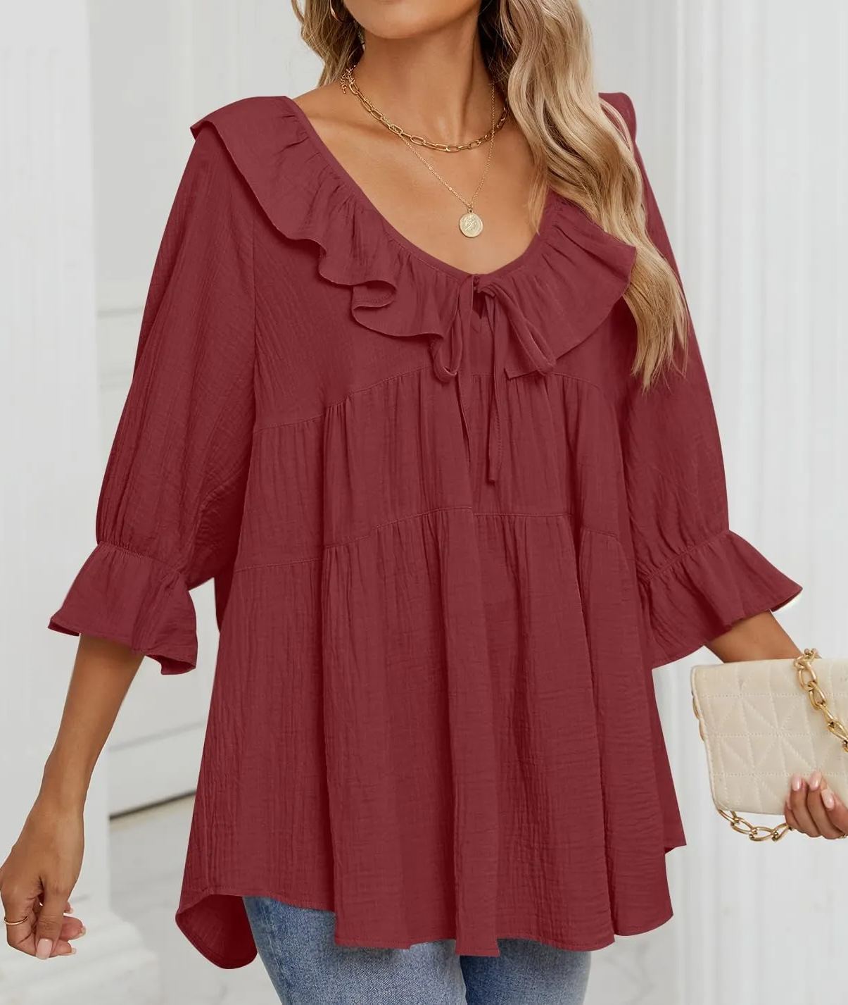 Babydoll-Bluse mit 3/4-Ärmeln und Rüschen zum Binden vorne für Damen (2 Stück kaufen, kostenloser Versand)