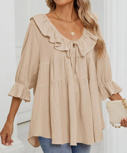 Babydoll-Bluse mit 3/4-Ärmeln und Rüschen zum Binden vorne für Damen (2 Stück kaufen, kostenloser Versand)