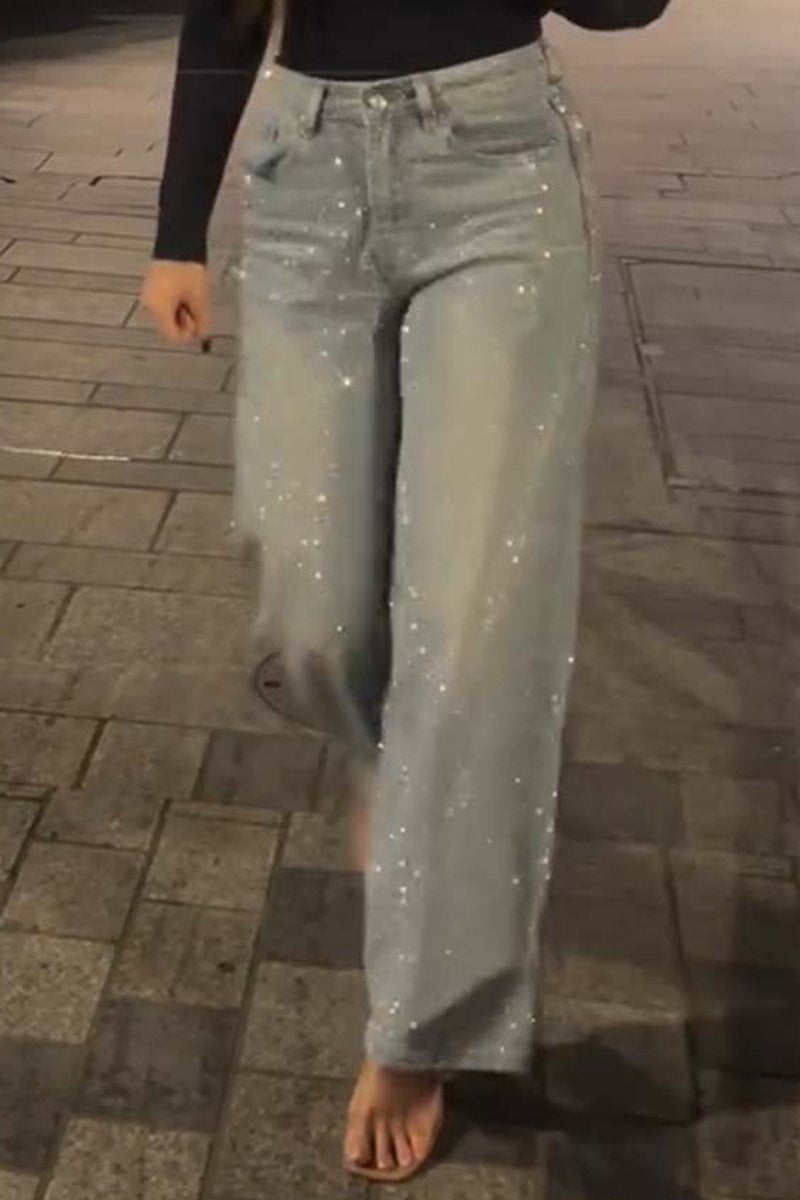 Pantalon décontracté en denim avec strass pour femme 