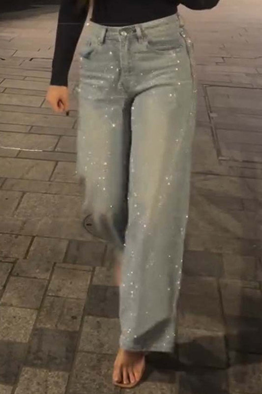 Pantalon décontracté en denim avec strass pour femme 