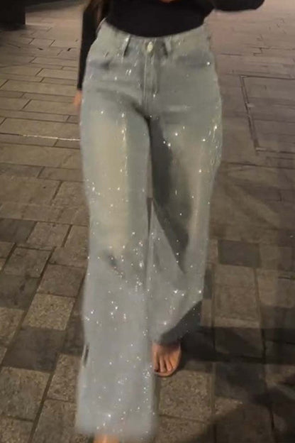 Pantalon décontracté en denim avec strass pour femme 