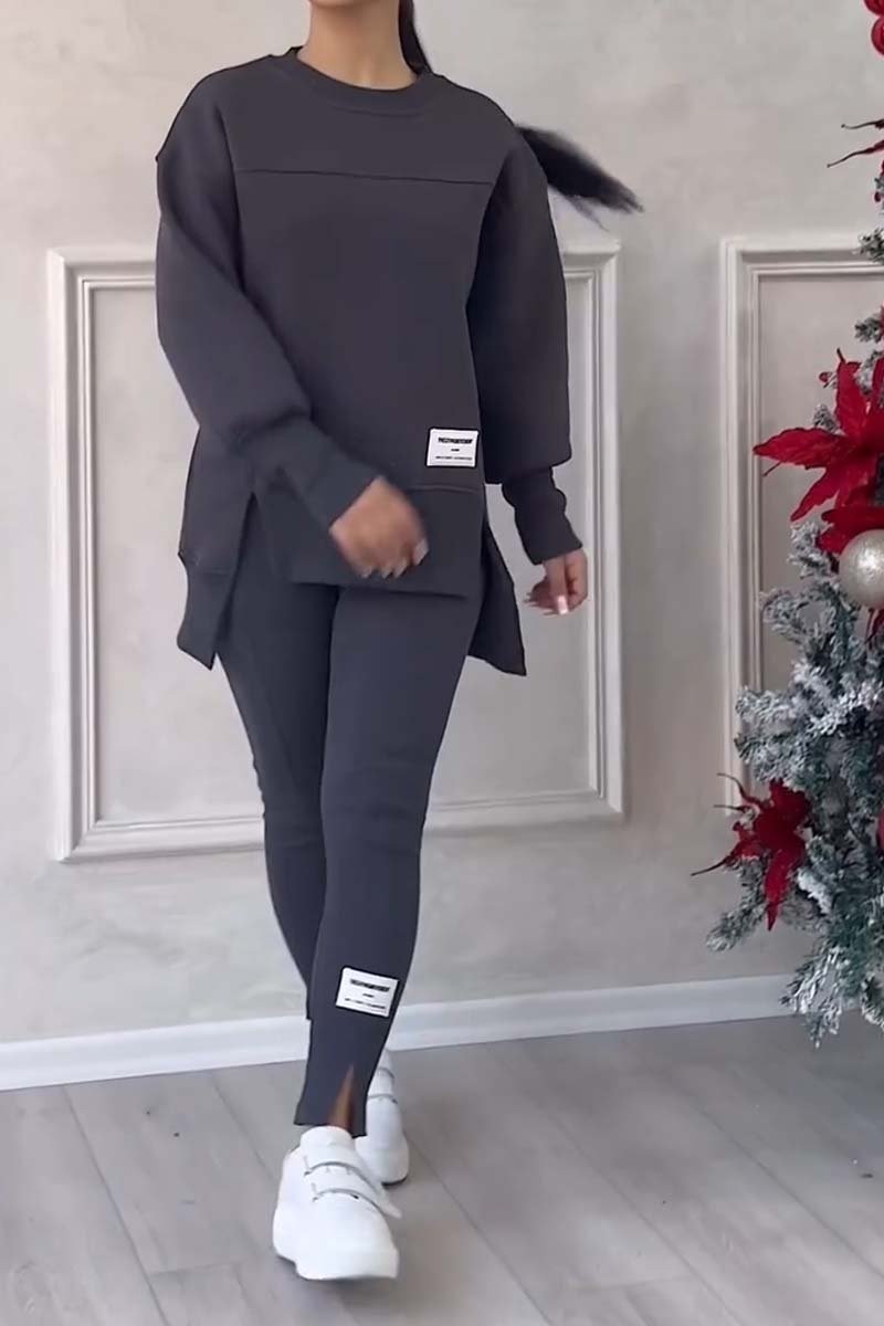 Damen Casual Solid Color Rundhals Langarm Schlitz Saum Sweatshirt Leggings Set 