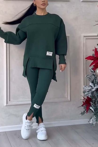 Damen Casual Solid Color Rundhals Langarm Schlitz Saum Sweatshirt Leggings Set 