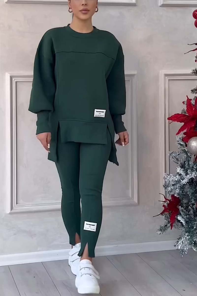 Damen Casual Solid Color Rundhals Langarm Schlitz Saum Sweatshirt Leggings Set 