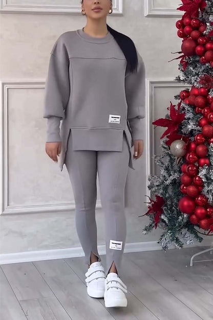 Damen Casual Solid Color Rundhals Langarm Schlitz Saum Sweatshirt Leggings Set 