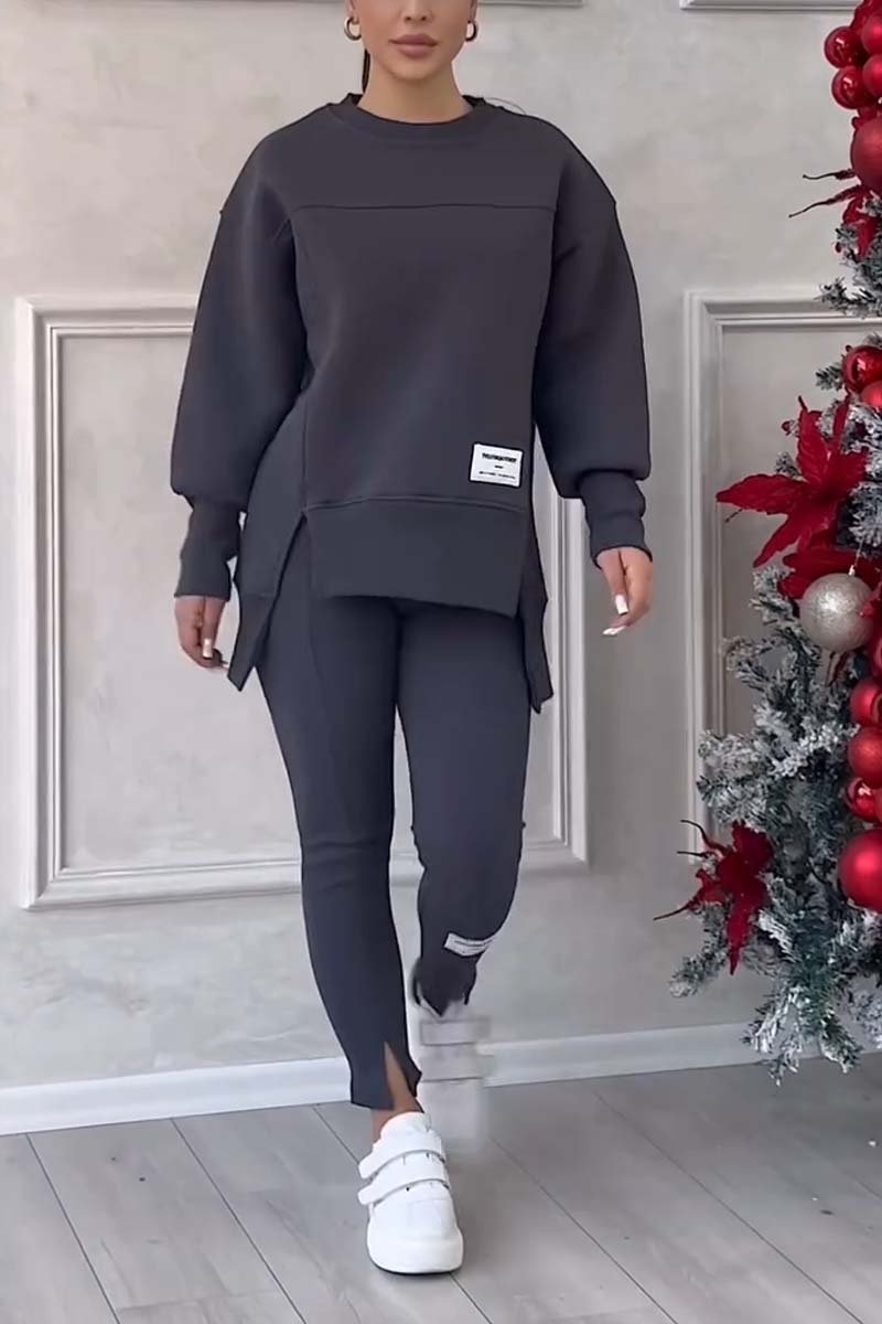 Damen Casual Solid Color Rundhals Langarm Schlitz Saum Sweatshirt Leggings Set 