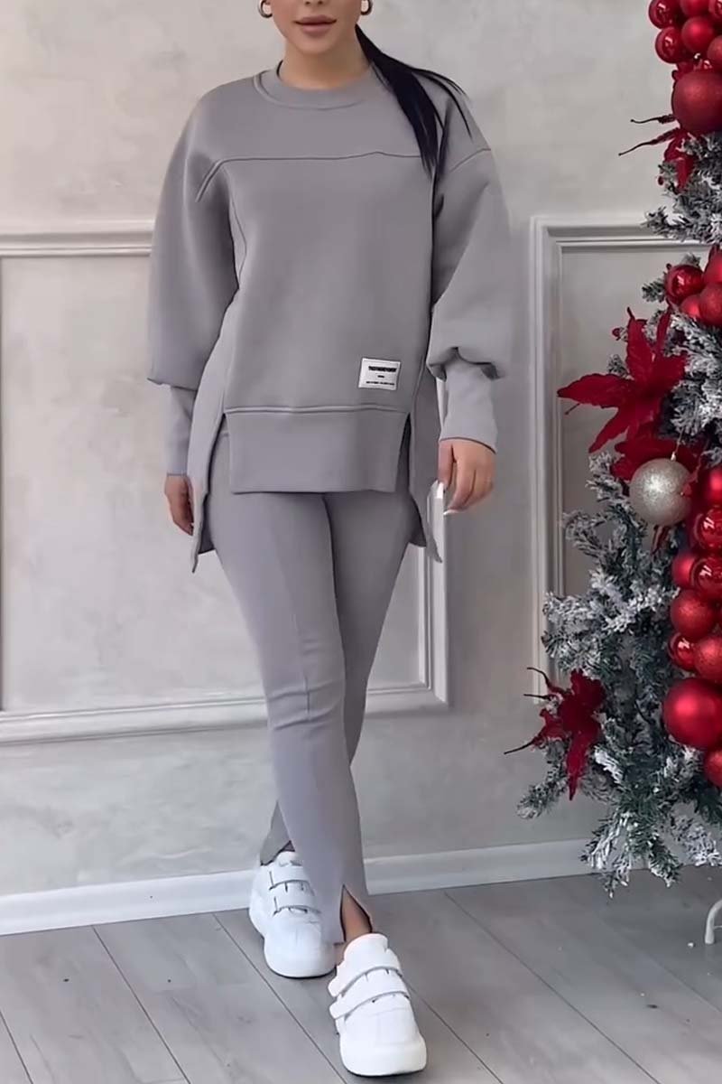Damen Casual Solid Color Rundhals Langarm Schlitz Saum Sweatshirt Leggings Set 