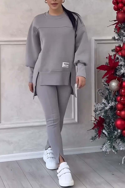 Damen Casual Solid Color Rundhals Langarm Schlitz Saum Sweatshirt Leggings Set 