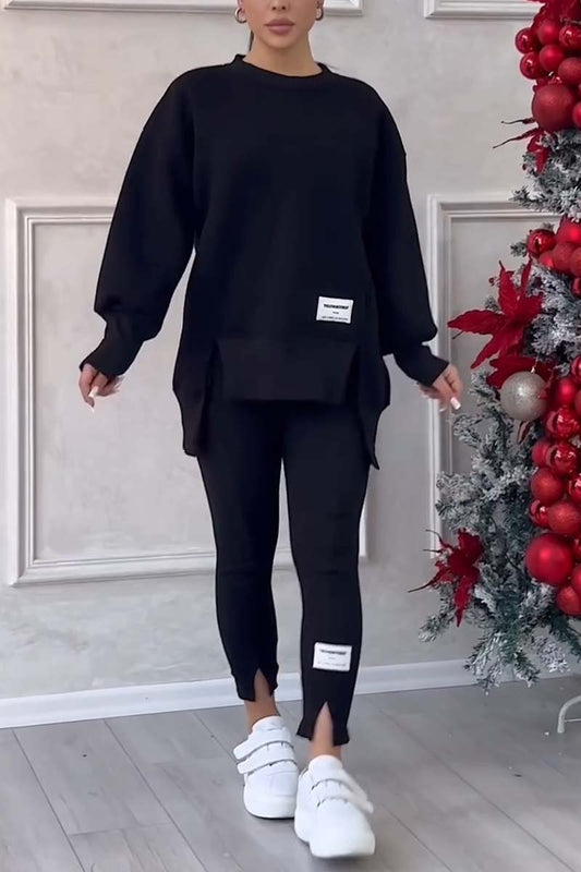 Damen Casual Solid Color Rundhals Langarm Schlitz Saum Sweatshirt Leggings Set 