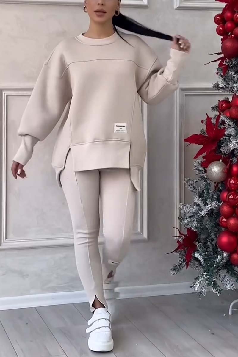 Damen Casual Solid Color Rundhals Langarm Schlitz Saum Sweatshirt Leggings Set 
