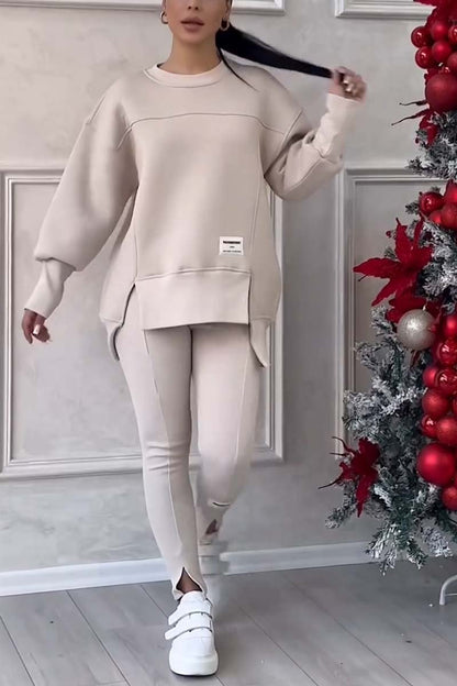 Damen Casual Solid Color Rundhals Langarm Schlitz Saum Sweatshirt Leggings Set 