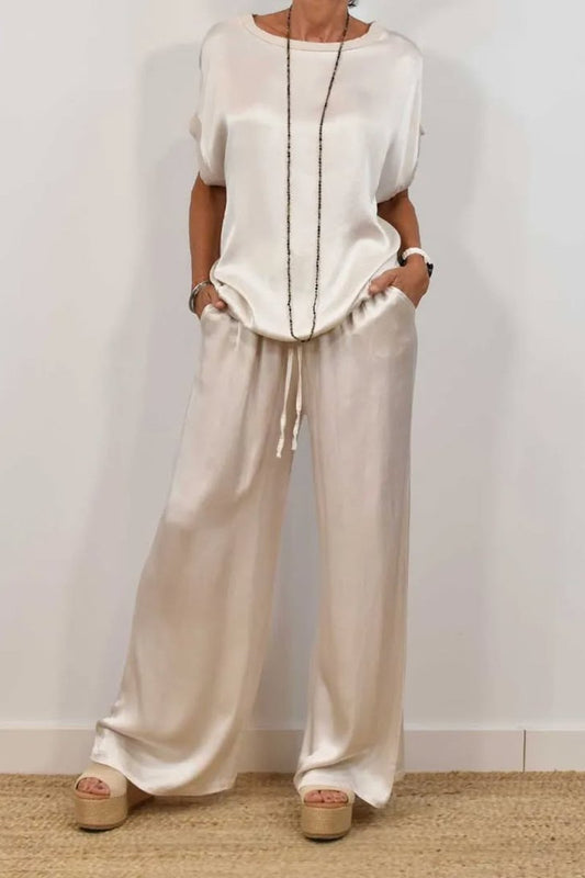 Costume deux pièces décontracté en satin de couleur unie pour femme, printemps 