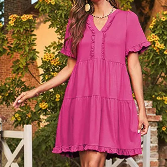 Robe à volants et col en V pour femme